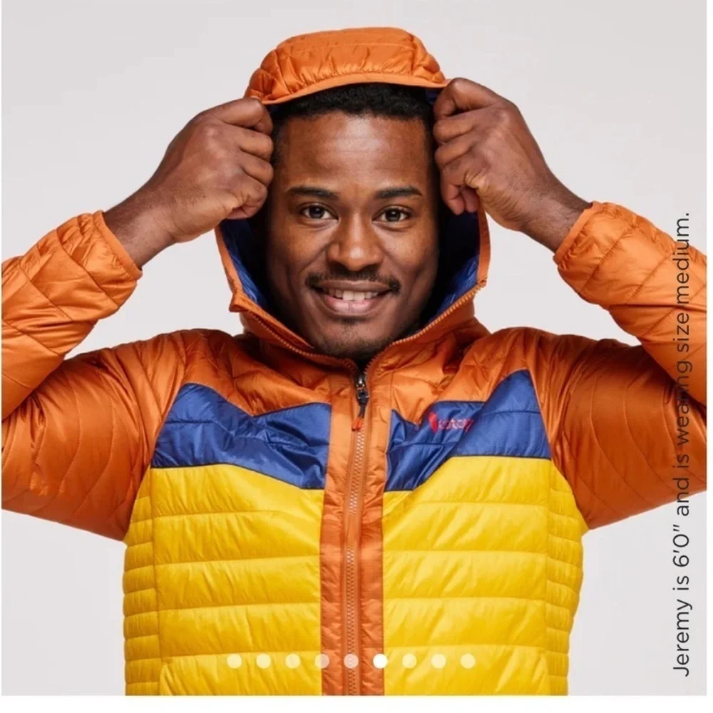 Cotopaxi Men's XL Capa Insulated Hooded Jacket Yellow Orange Mezcal NWT Puff